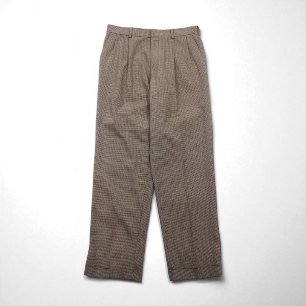 LANDS' END 2タック ワイド スラックスパンツ M ブラウン グレンチェック ウール