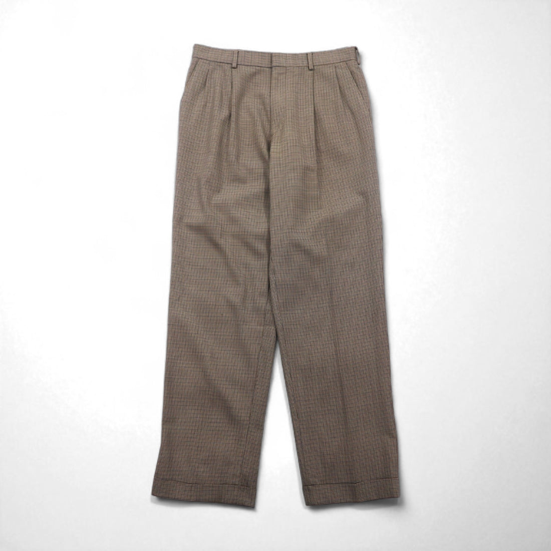 LANDS' END 2タック ワイド スラックスパンツ M ブラウン グレンチェック ウール