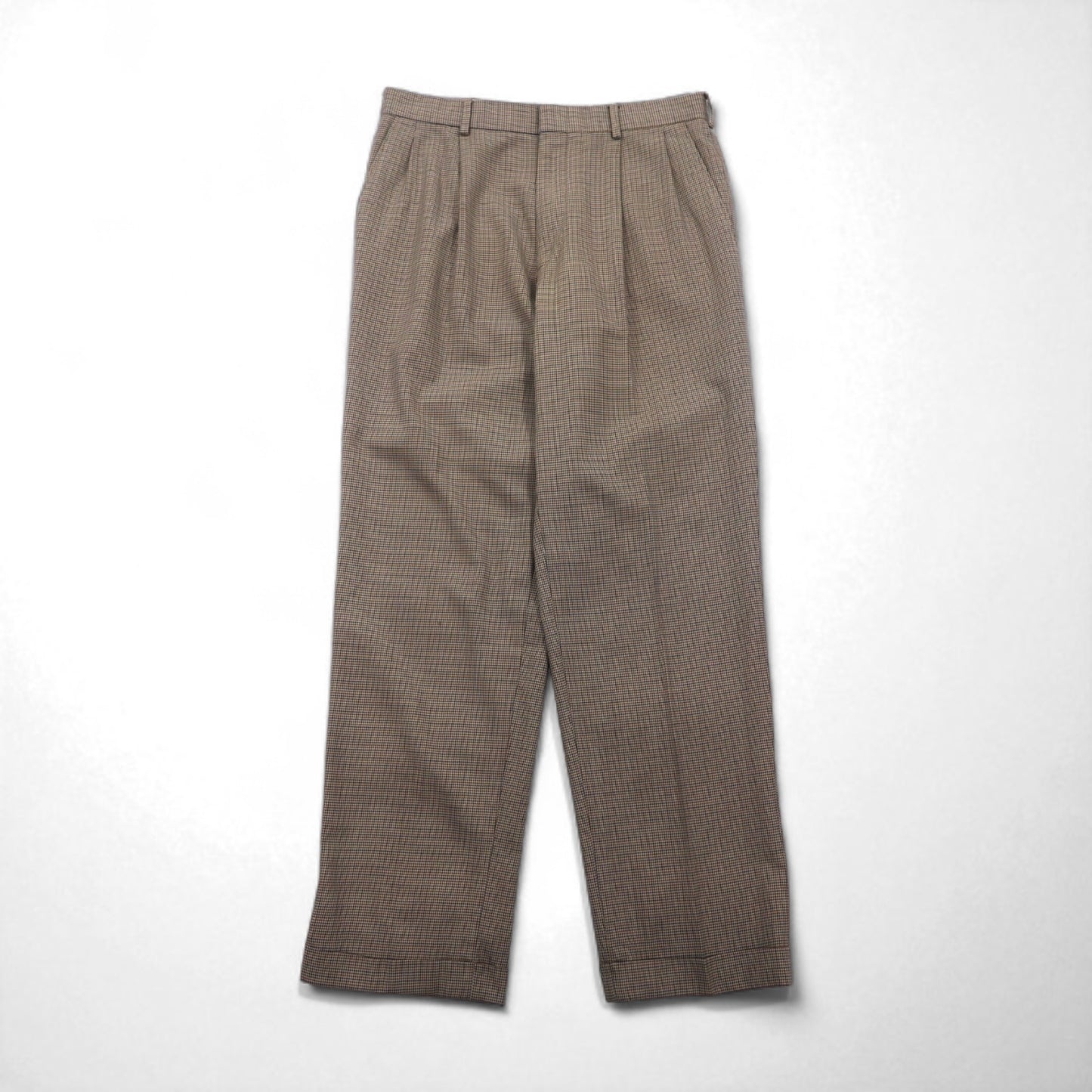 LANDS' END 2タック ワイド スラックスパンツ M ブラウン グレンチェック ウール