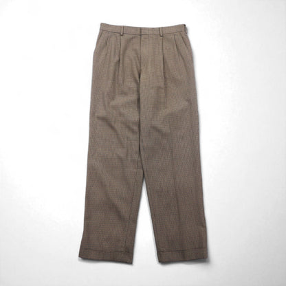 LANDS' END 2タック ワイド スラックスパンツ M ブラウン グレンチェック ウール