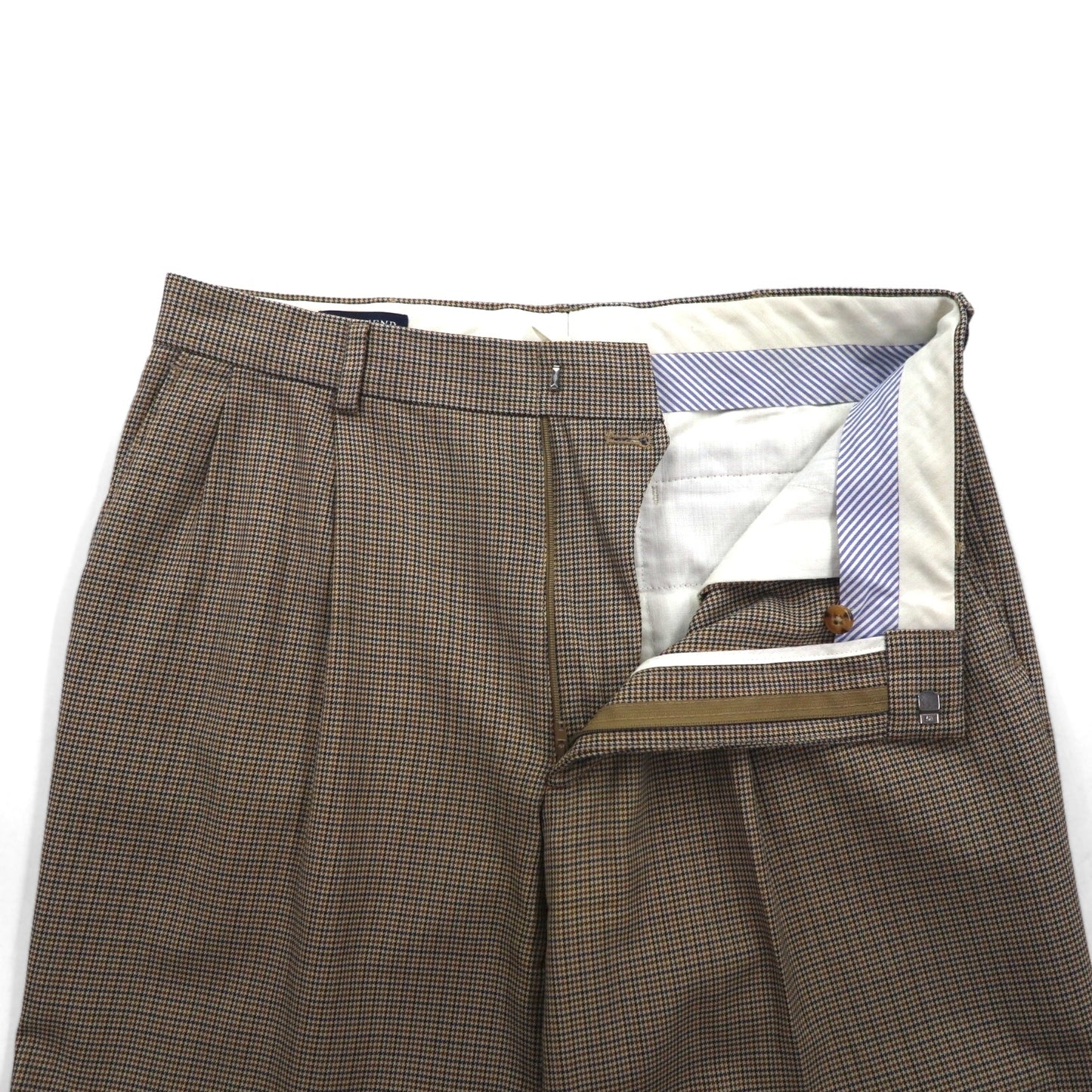 LANDS' END 2タック ワイド スラックスパンツ M ブラウン グレンチェック ウール