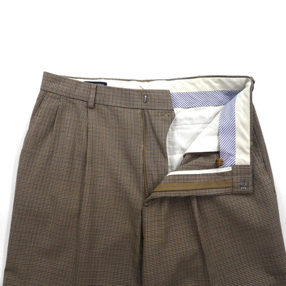 LANDS' END 2タック ワイド スラックスパンツ M ブラウン グレンチェック ウール