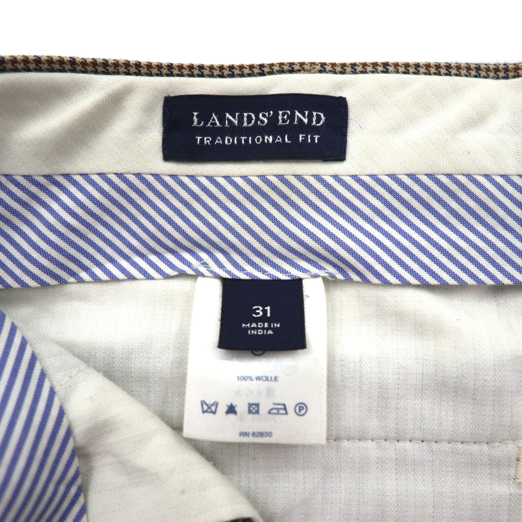 LANDS' END 2タック ワイド スラックスパンツ M ブラウン グレンチェック ウール