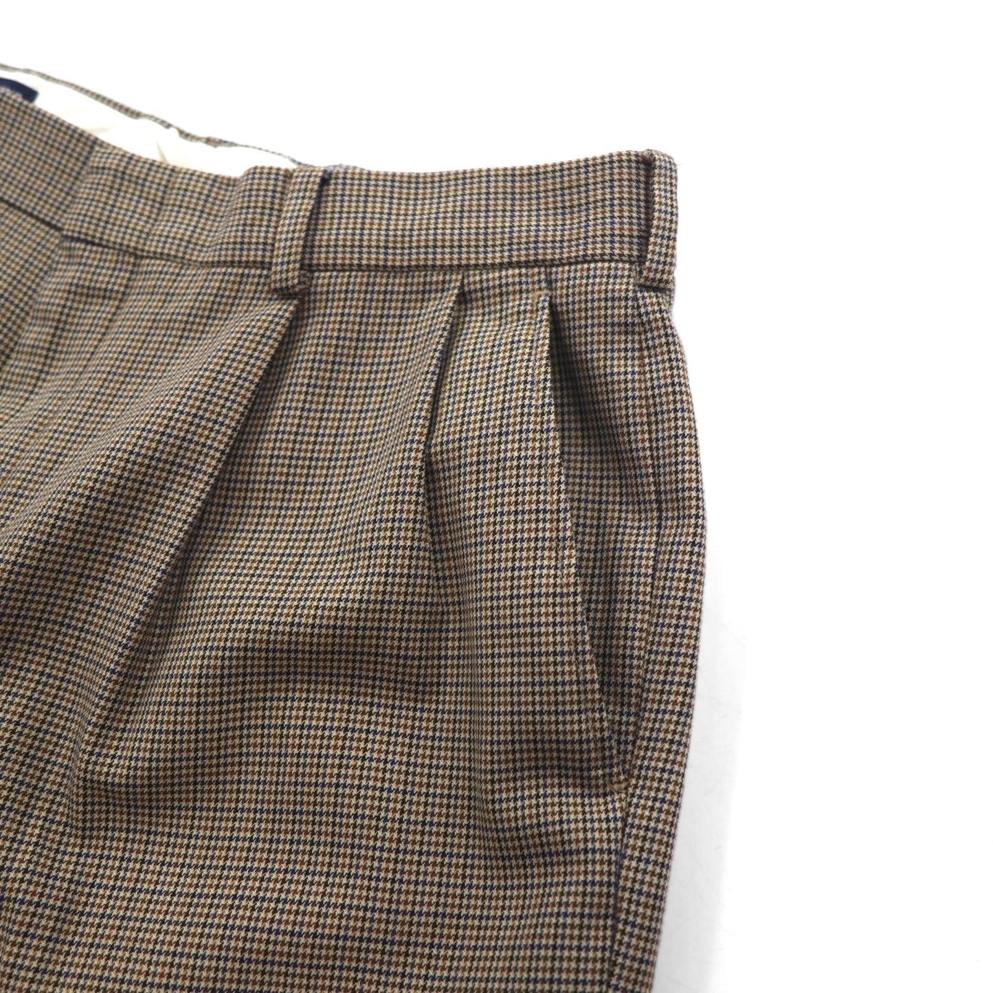 LANDS' END 2タック ワイド スラックスパンツ M ブラウン グレンチェック ウール