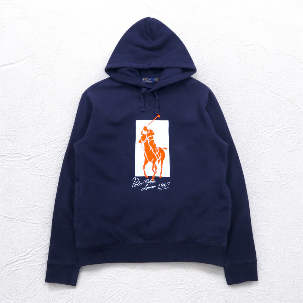 POLO RALPH LAUREN Pony Print Pullover Hoodie M Navy Fleece Lining Side Pockets
