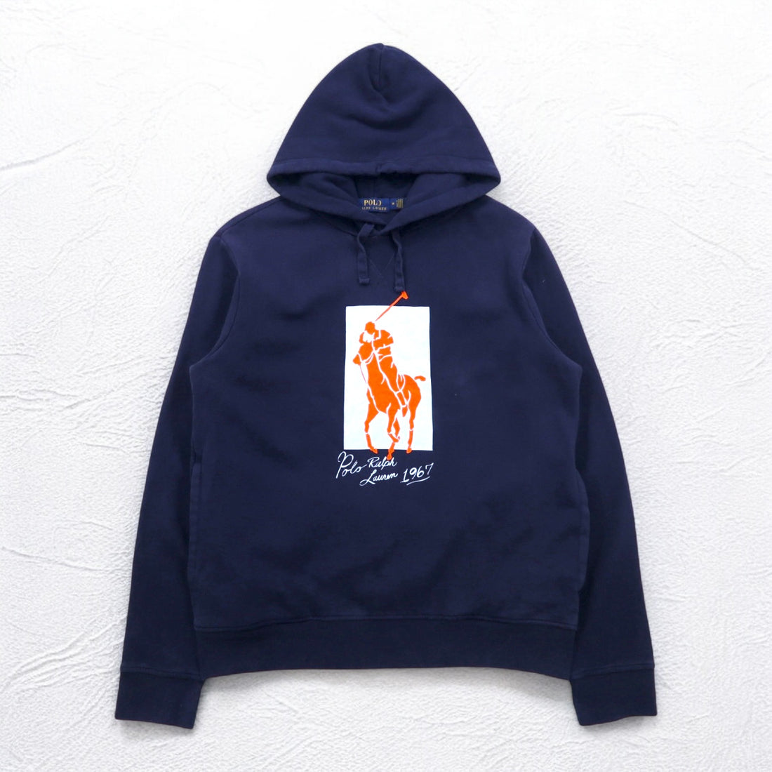 POLO RALPH LAUREN Pony Print Pullover Hoodie M Navy Fleece Lining Side Pockets