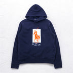 POLO RALPH LAUREN Pony Print Pullover Hoodie M Navy Fleece Lining Side Pockets