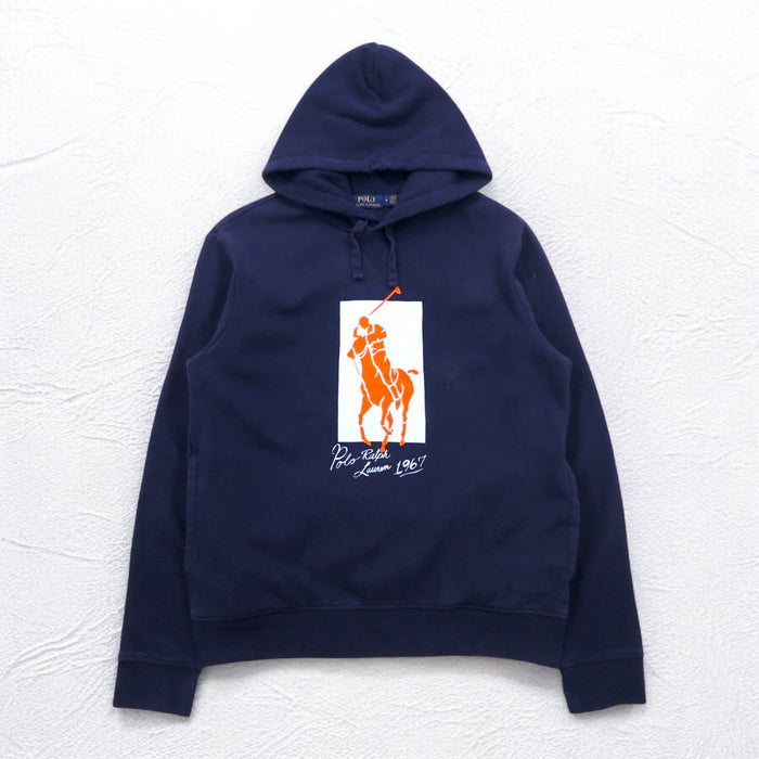 POLO RALPH LAUREN ポニー プリント プルオーバー パーカー M ネイビー 裏起毛 サイドポケット