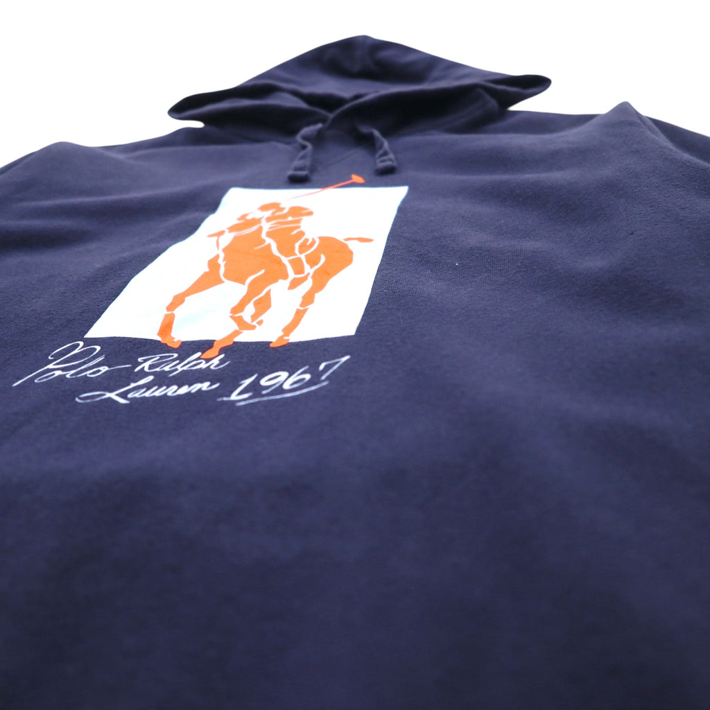 POLO RALPH LAUREN Pony Print Pullover Hoodie M Navy Fleece Lining Side Pockets