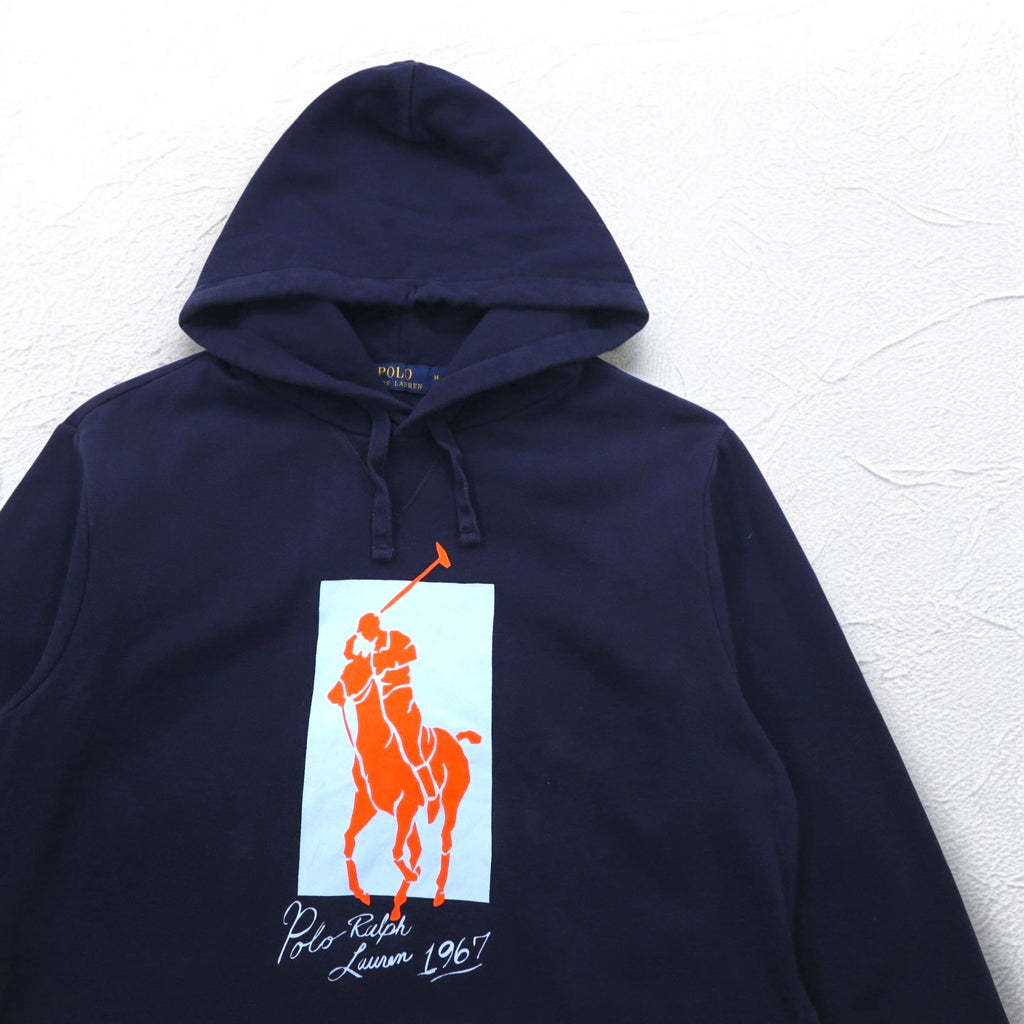 POLO RALPH LAUREN Pony Print Pullover Hoodie M Navy Fleece Lining Side Pockets