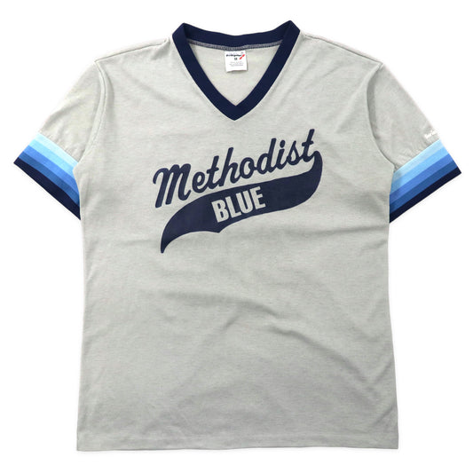 日本然リトテ-古着オンライン-Swingster USA製 90年代 Vネック リンガーTシャツ M グレー コットン ナンバリング methodist BLUE-