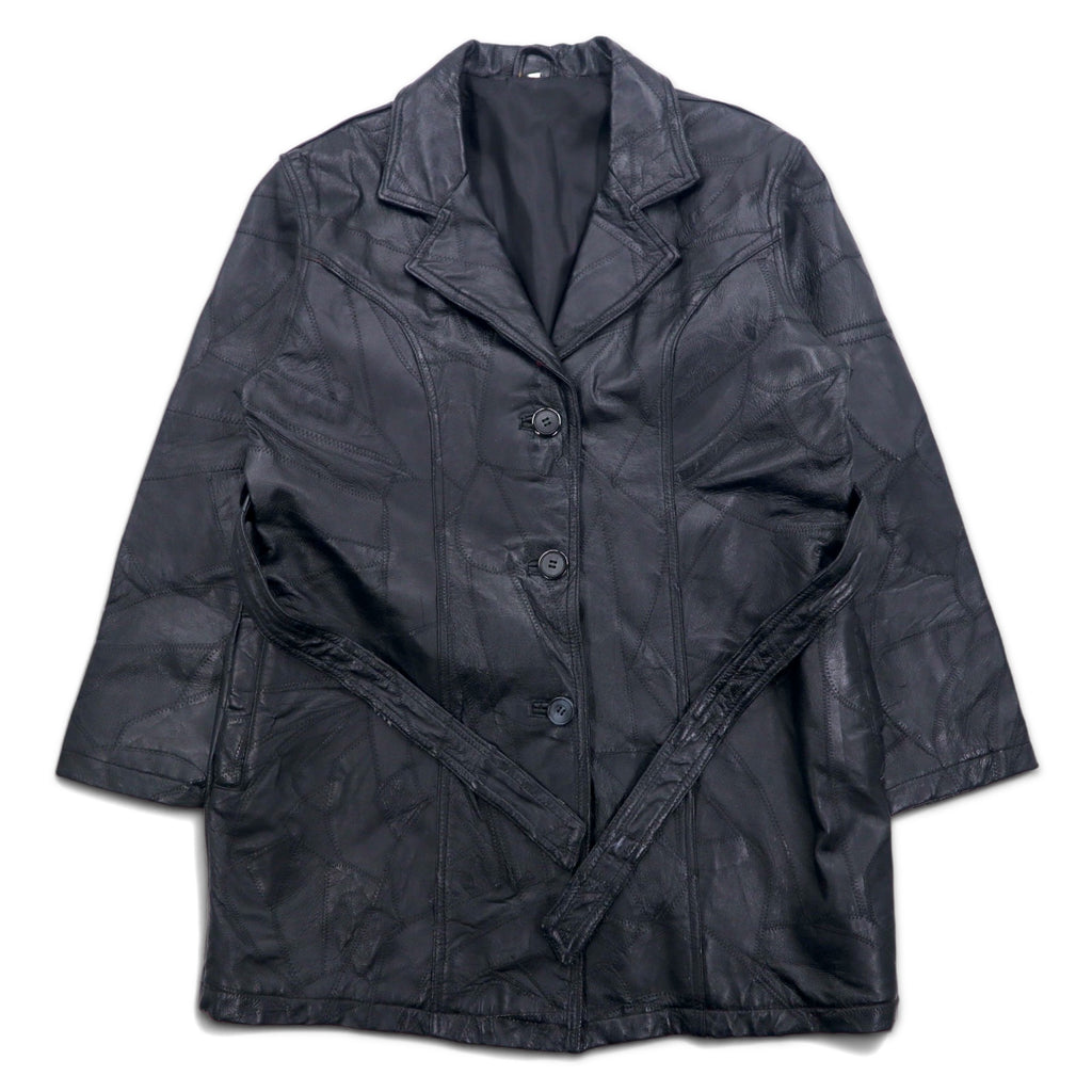 日本然リトテ-古着オンライン-90年代 ツギハギジャン レザーコート XL ブラック レザー パッチワーク ベルト付き-