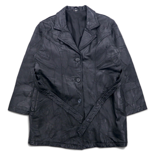 日本然リトテ-古着オンライン-90年代 ツギハギジャン レザーコート XL ブラック レザー パッチワーク ベルト付き-