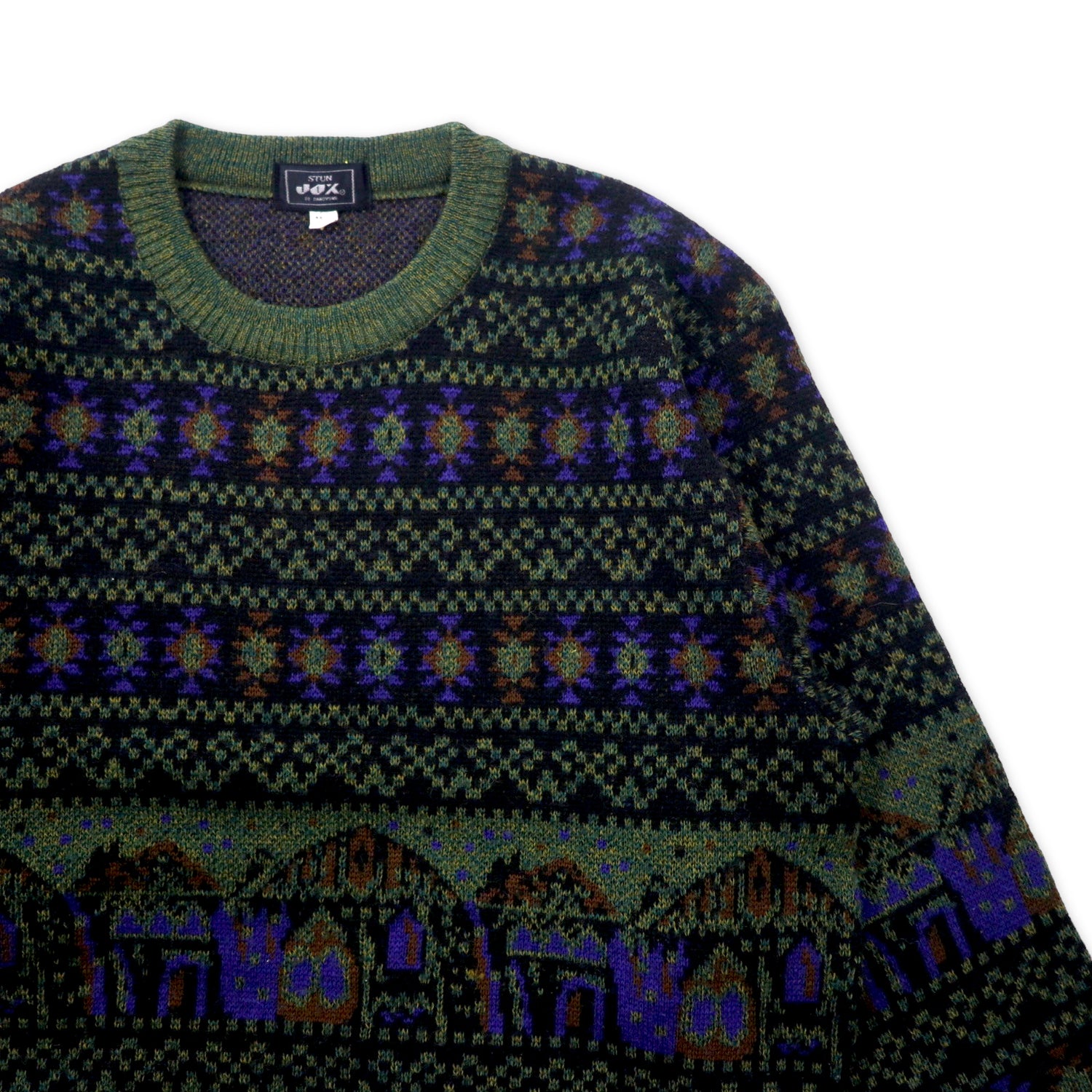 STUN JOX 80's Patterned Knit Sweater L Khaki Acrylic Wool Japan 