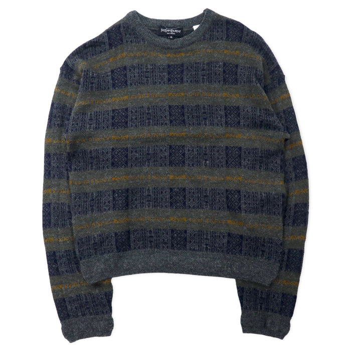 YVES SAINT LAURENT pour homme ニット セーター M グレー 総柄 チェック ウール オールド
