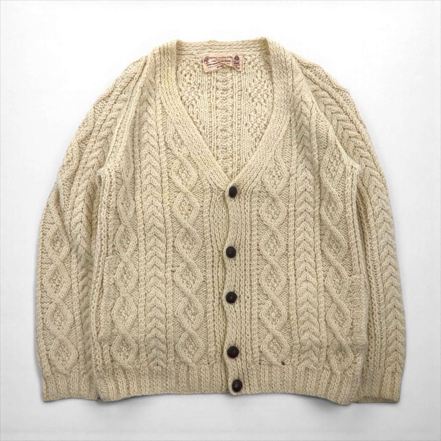 80s Irish Vintage Fisherman Knit Aran Knit Cardigan, Size M, Low Gauge, Covered Buttons, Blarney Woollen Mills, Made in Ireland