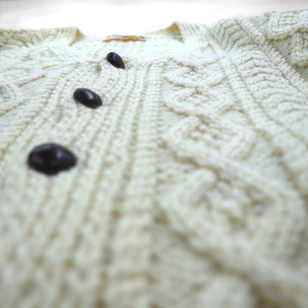 80s Irish Vintage Fisherman Knit Aran Knit Cardigan, Size M, Low Gauge, Covered Buttons, Blarney Woollen Mills, Made in Ireland
