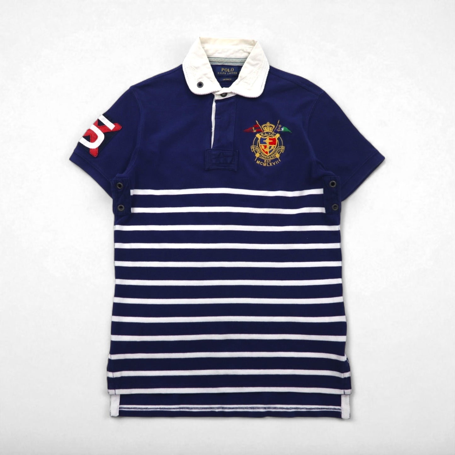 POLO RALPH LAUREN ボーダー ポロシャツ S ネイビー ボーダー 鹿の子 エンブレムロゴ刺繍 RLYC