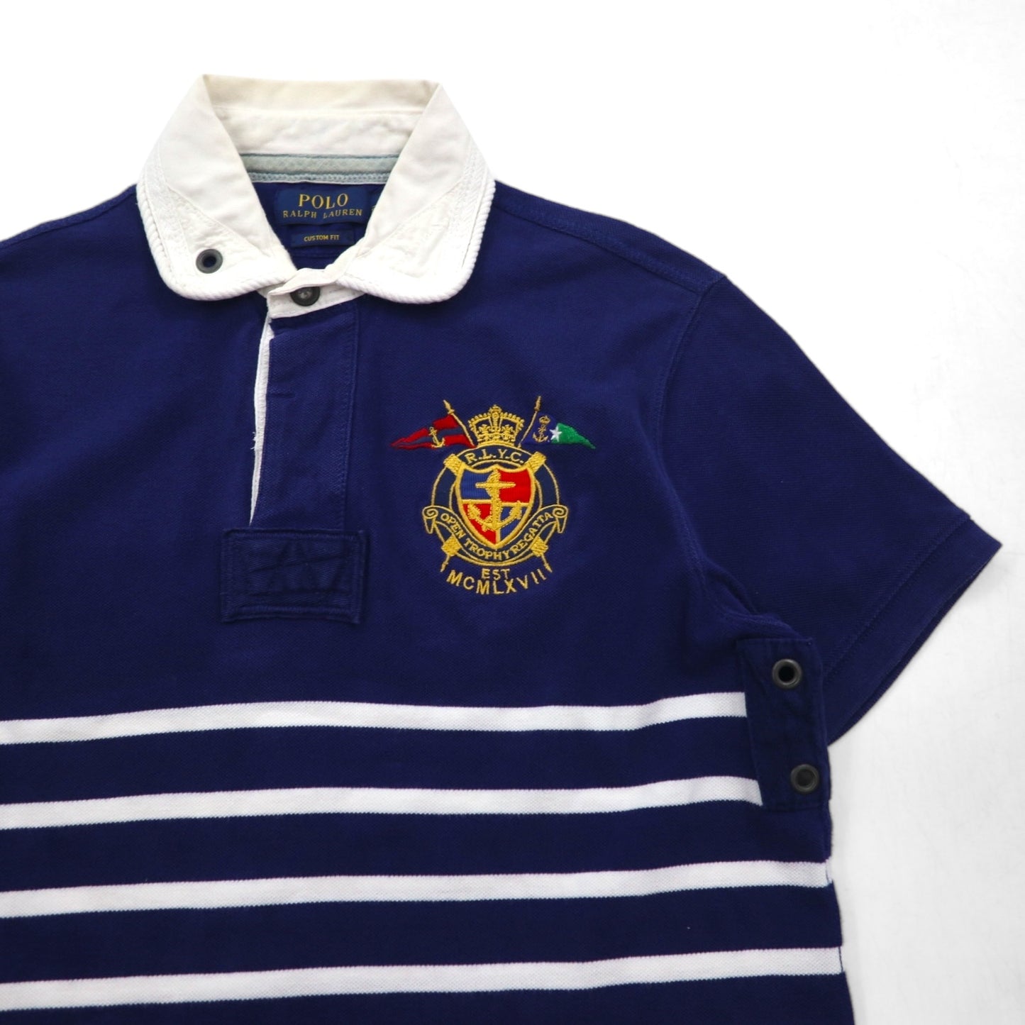 POLO RALPH LAUREN ボーダー ポロシャツ S ネイビー ボーダー 鹿の子 エンブレムロゴ刺繍 RLYC