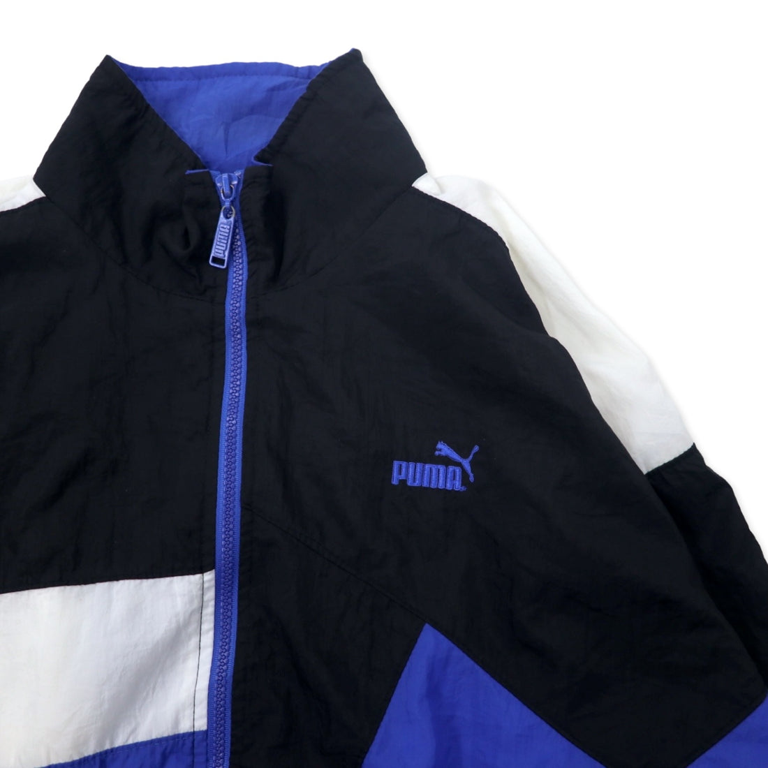 PUMA 90s Nylon Jacket S Blue Crazy Pattern Color Block One Point Logo Embroidery