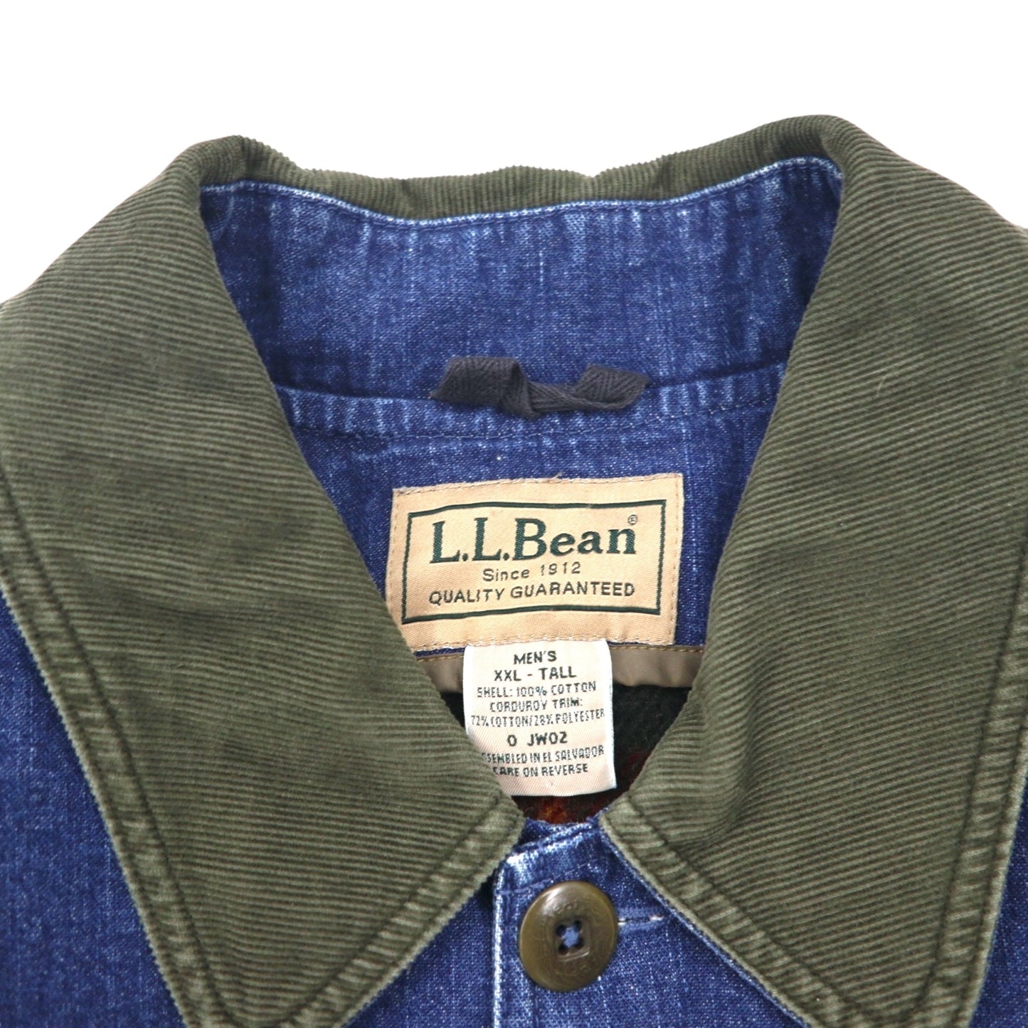 LLBean 90s Vintage Denim Field Chore Coat/Coverall, Size 2XL, Indigo, Corduroy Collar, Detachable Flannel Liner, JW02