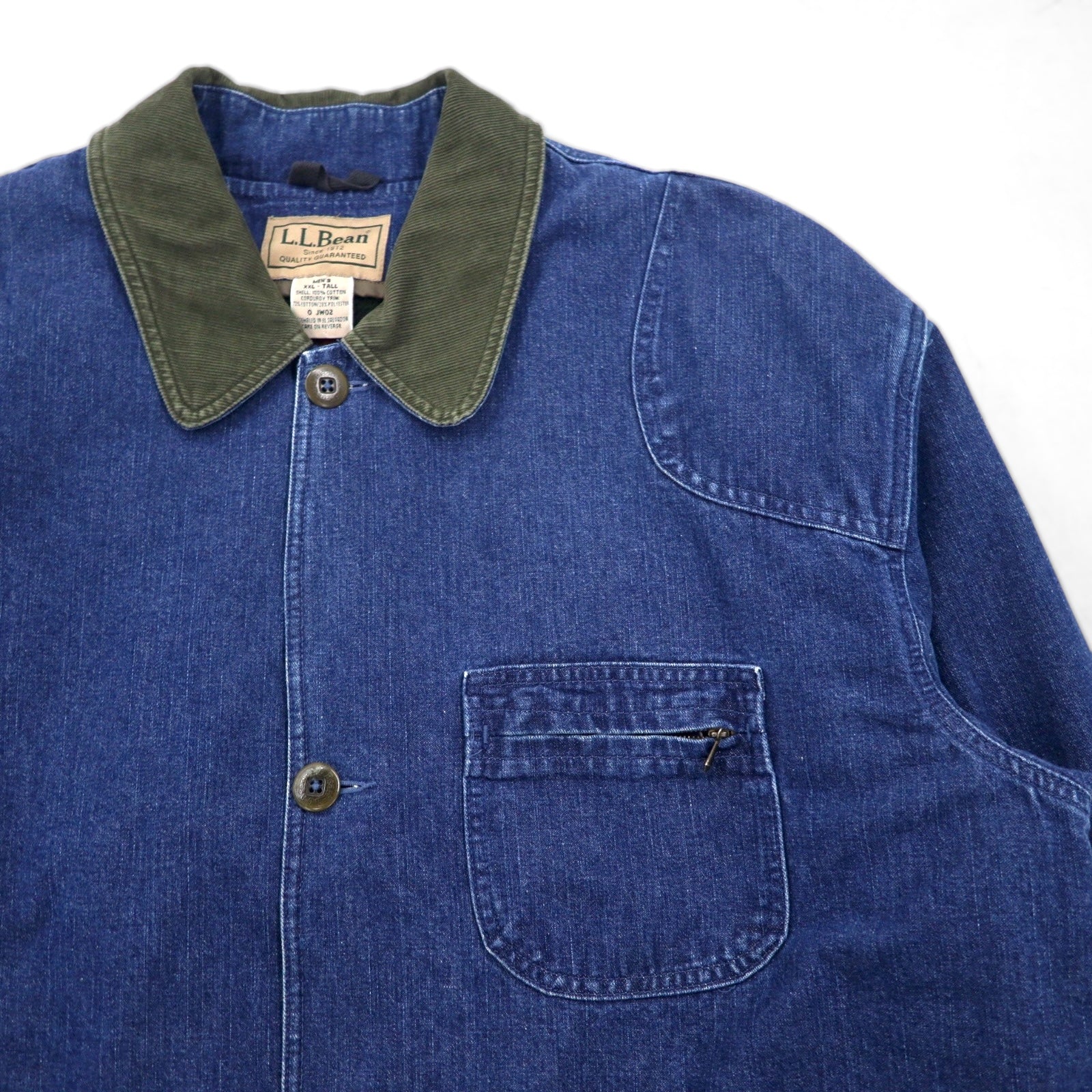 LLBean 90s Vintage Denim Field Chore Coat/Coverall, Size 2XL, Indigo, Corduroy Collar, Detachable Flannel Liner, JW02
