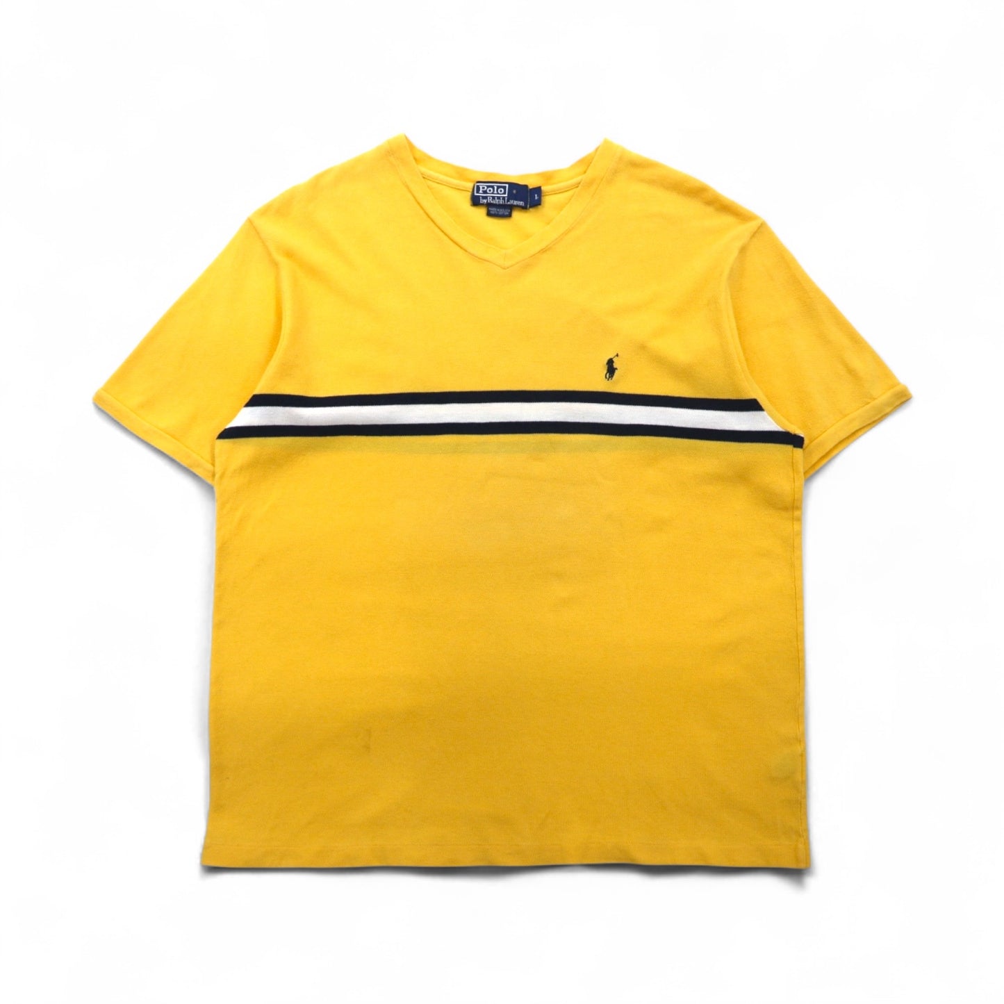 Polo by Ralph Lauren 90年代 ラインデザイン Vネック 鹿の子 Tシャツ L イエロー コットン スモールポニー刺繍