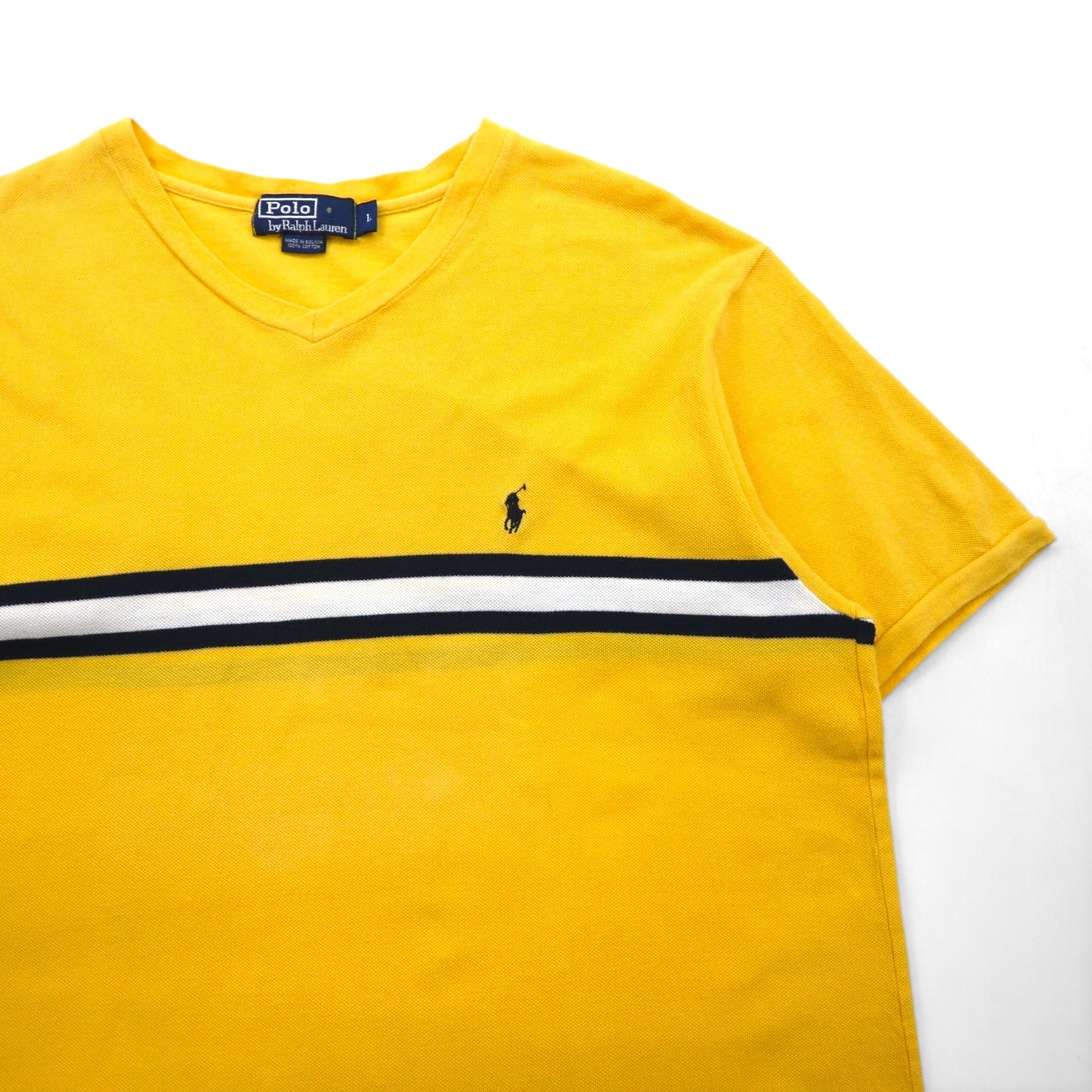 Polo by Ralph Lauren 90年代 ラインデザイン Vネック 鹿の子 Tシャツ L イエロー コットン スモールポニー刺繍