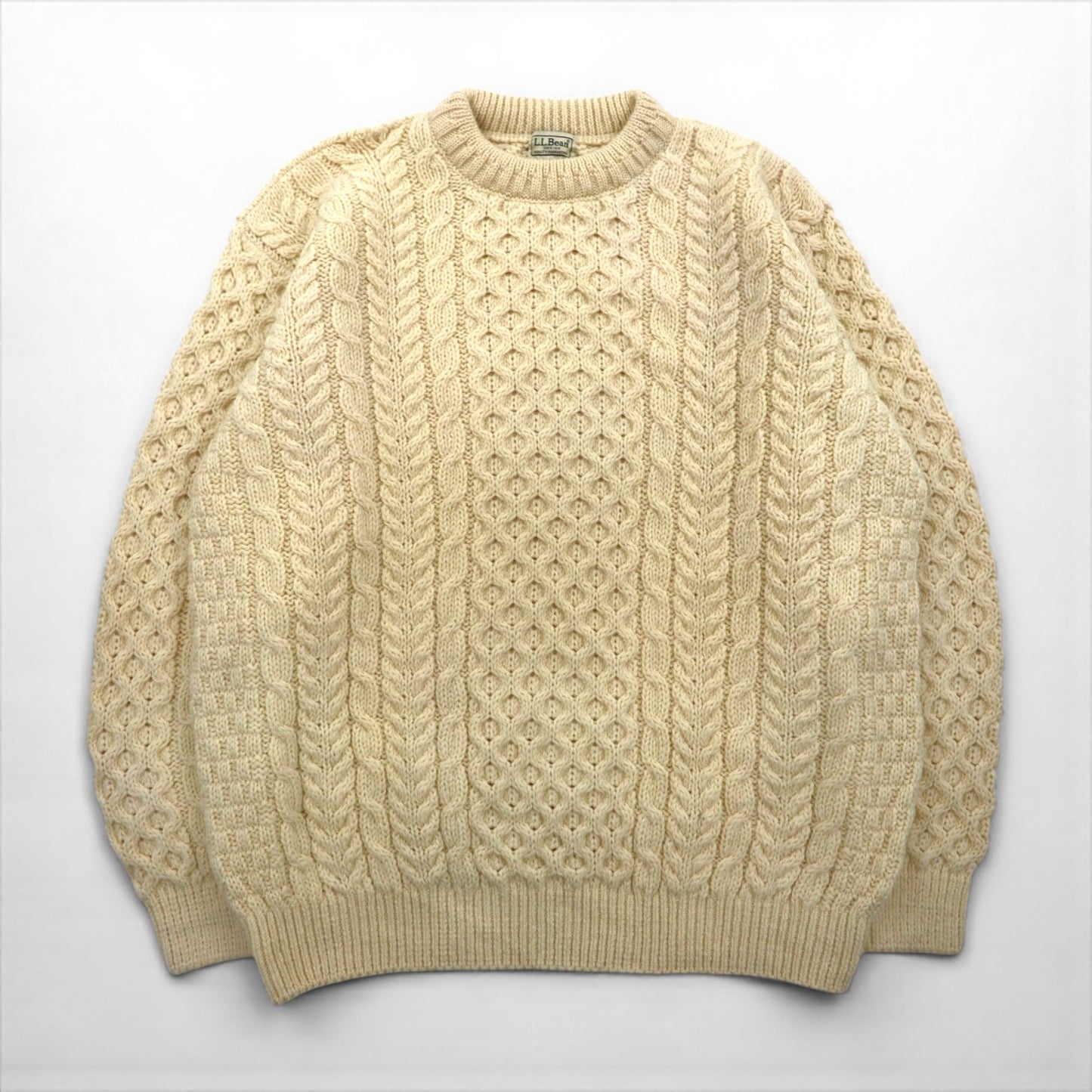 LLBean 90s Fisherman Aran Knit Sweater, Size XL, Off-White Wool, Made in Ireland