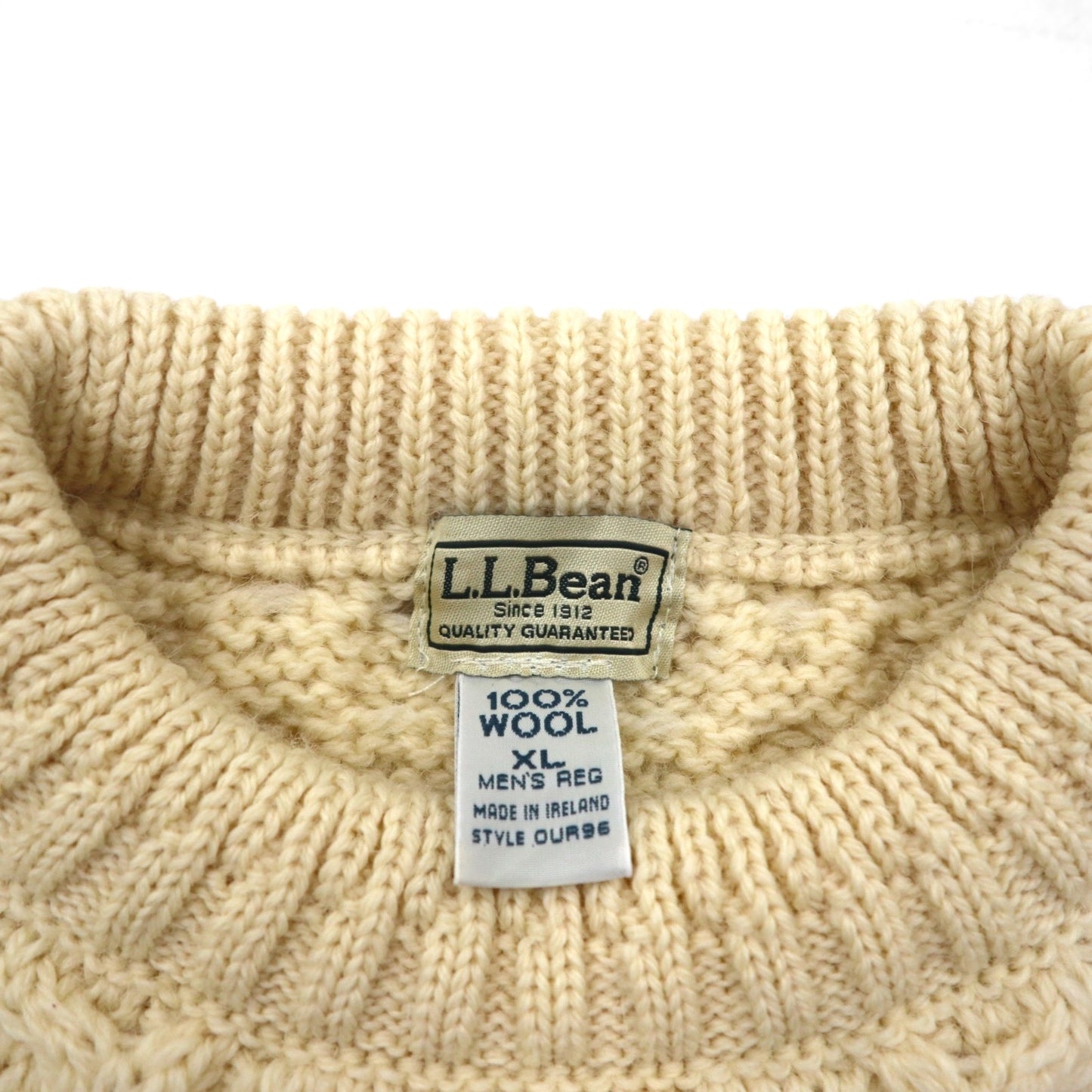 LLBean 90s Fisherman Aran Knit Sweater, Size XL, Off-White Wool, Made in Ireland