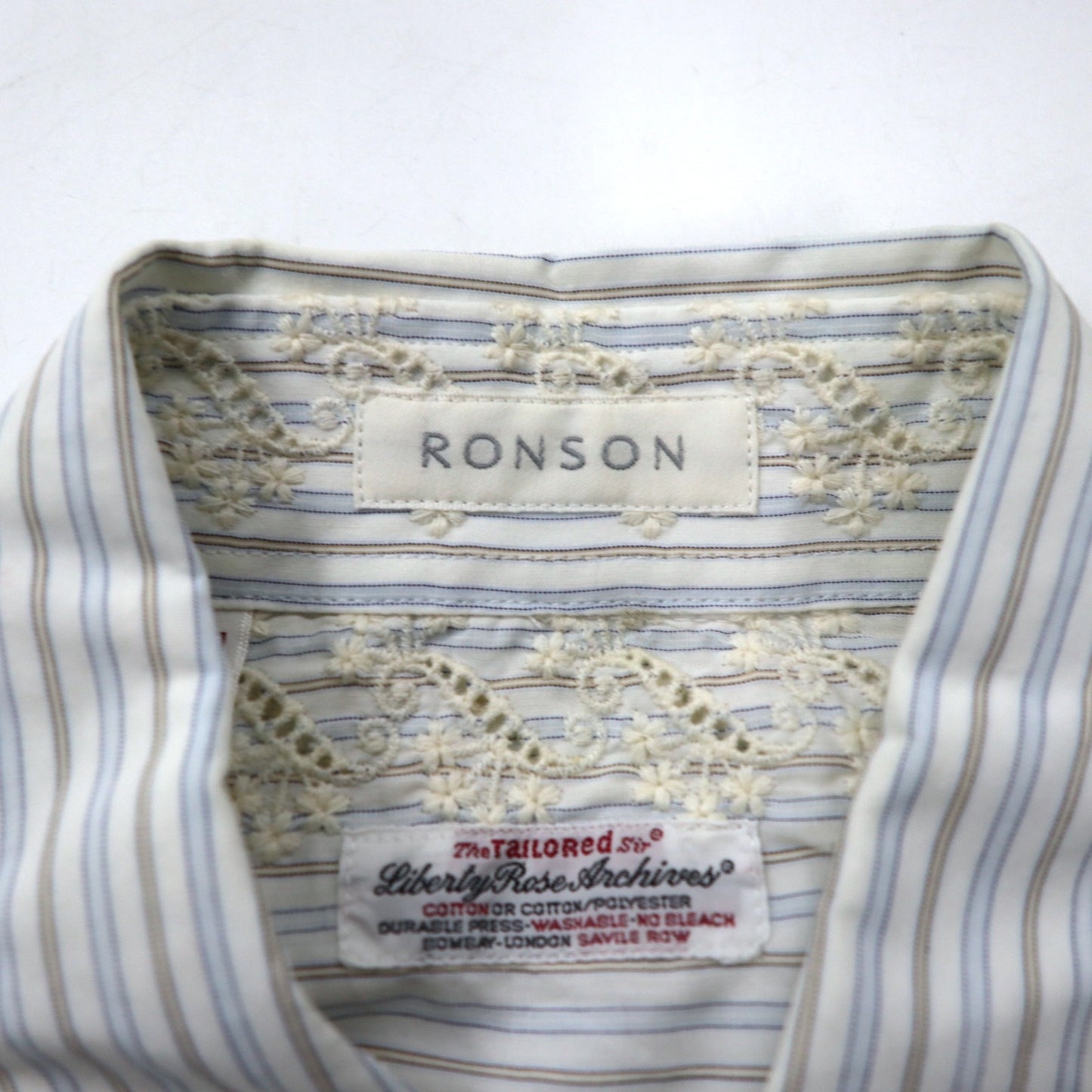 RONSON イタリア製 花柄刺繍 ドレスシャツ 41 ホワイト ストライプ コットン 未使用品