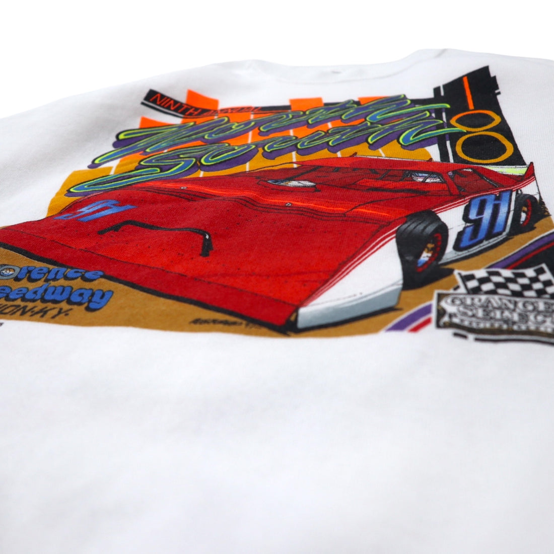 FRUIT OF THE LOOM USA made 90s racing car print sweatshirt L white cotton fleece lining ARIZONA SPORT SHIRTS