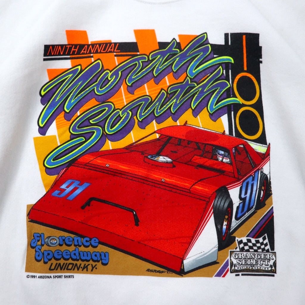 FRUIT OF THE LOOM USA made 90s racing car print sweatshirt L white cotton fleece lining ARIZONA SPORT SHIRTS