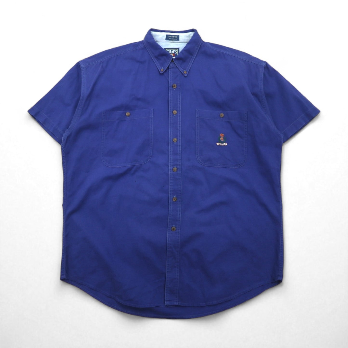 CHAPS RALPH LAUREN 90s Short Sleeve Button-Down Work Shirt, Size L, Blue Cotton, Double Pocket