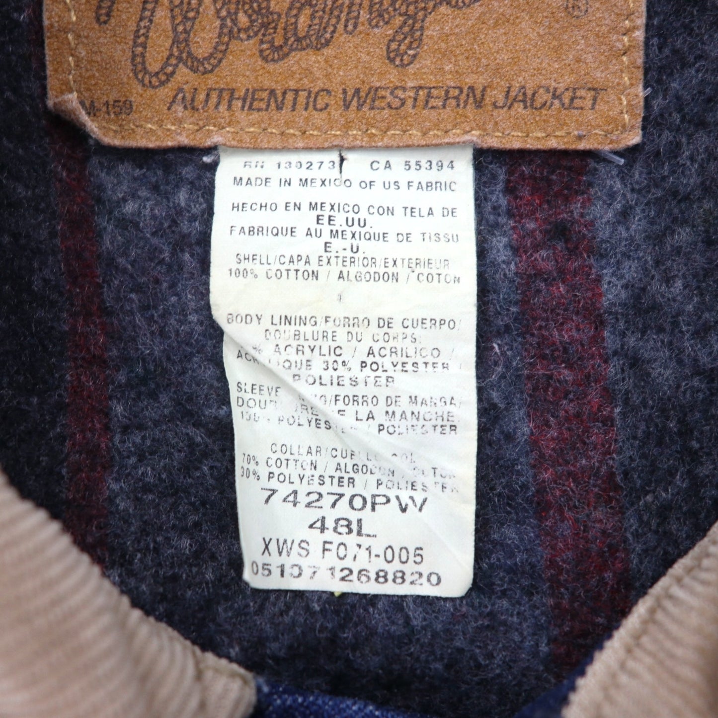 Wrangler 90s Authentic Western Denim Jacket, Size L, Indigo, Corduroy Collar, Blanket Liner, 74270PW