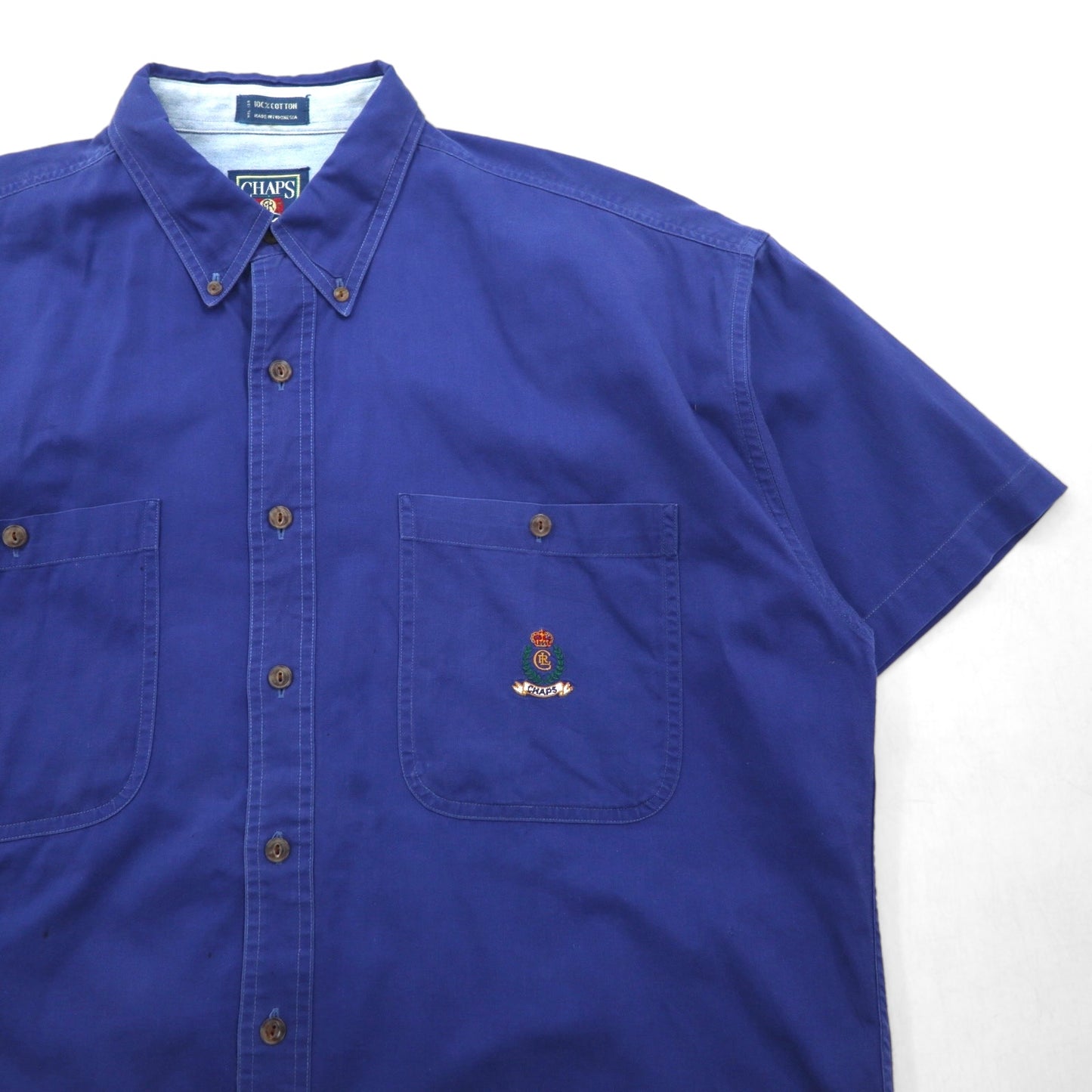 CHAPS RALPH LAUREN 90s Short Sleeve Button-Down Work Shirt, Size L, Blue Cotton, Double Pocket