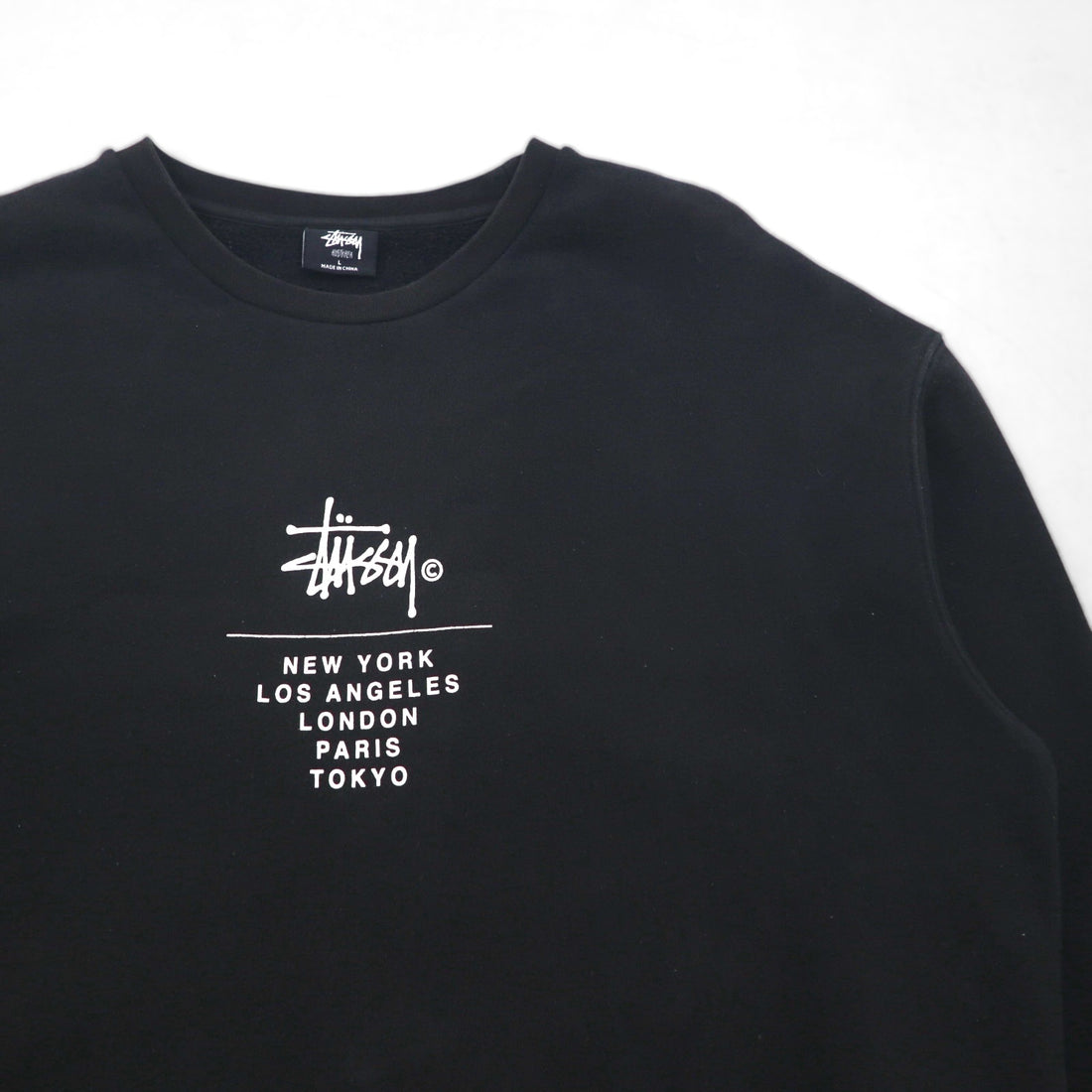 STUSSY World Tour Crew Neck Sweatshirt, Size L, Black, 5 Major Cities