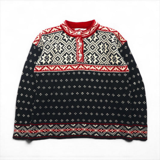 L.L.Bean 90年代 USA製 チロリアン ニット セーター M ウール BA45 ハーフボタン メタルボタン ノルディック柄 バーズアイ