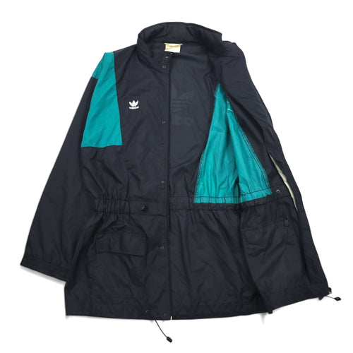Adidas 90s Nylon Jacket XL Black Nylon Trefoil Logo Drawstring Retractable Hood Silver Tag