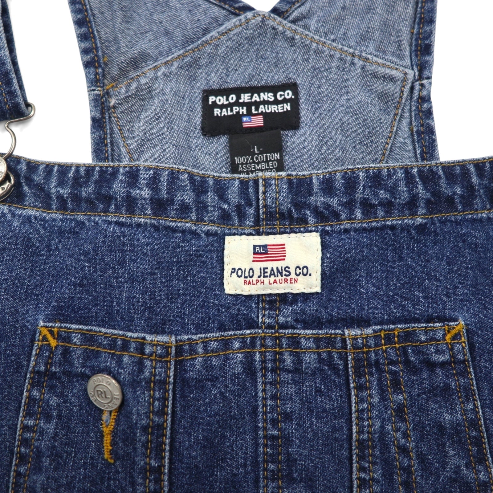 POLO JEANS (RALPH LAUREN) 90s Denim Overalls, Size L, Indigo Cotton
