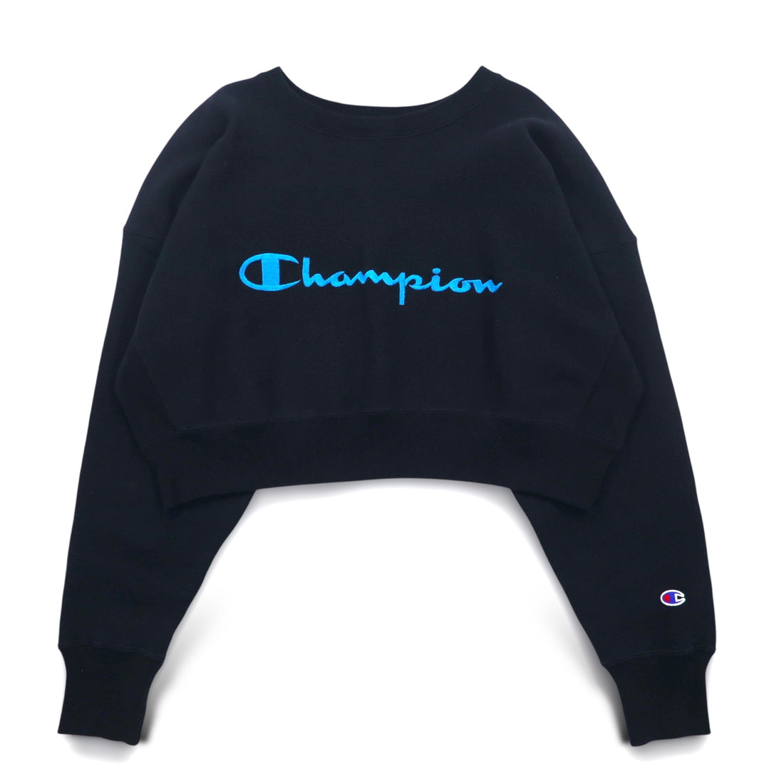 Champion Cropped Reverse Weave Sweatshirt M Black Script Logo Embroidery Compact Volume Top CWSL009