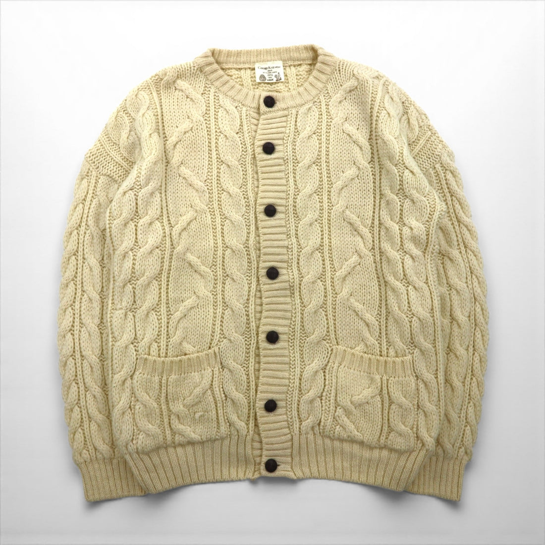80s England Vintage Aran Cardigan 80年代 イギリス製 フィッシャーマン アラン ニット カーディガン XL 生成り ケーブル編み Cottage Knitwear
