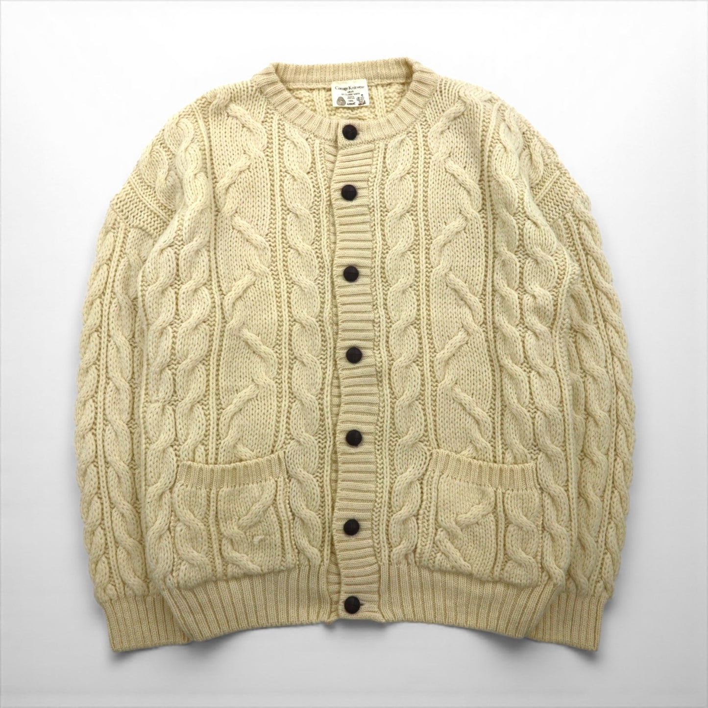 80s England Vintage Aran Cardigan, Made in England, XL, Off-White, Cable Knit, Cottage Knitwear