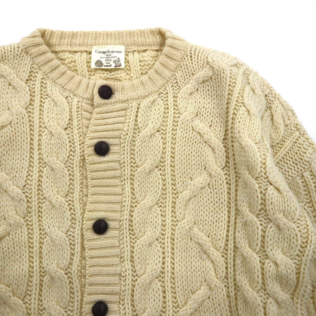 80s England Vintage Aran Cardigan 80年代 イギリス製 フィッシャーマン アラン ニット カーディガン XL 生成り ケーブル編み Cottage Knitwear