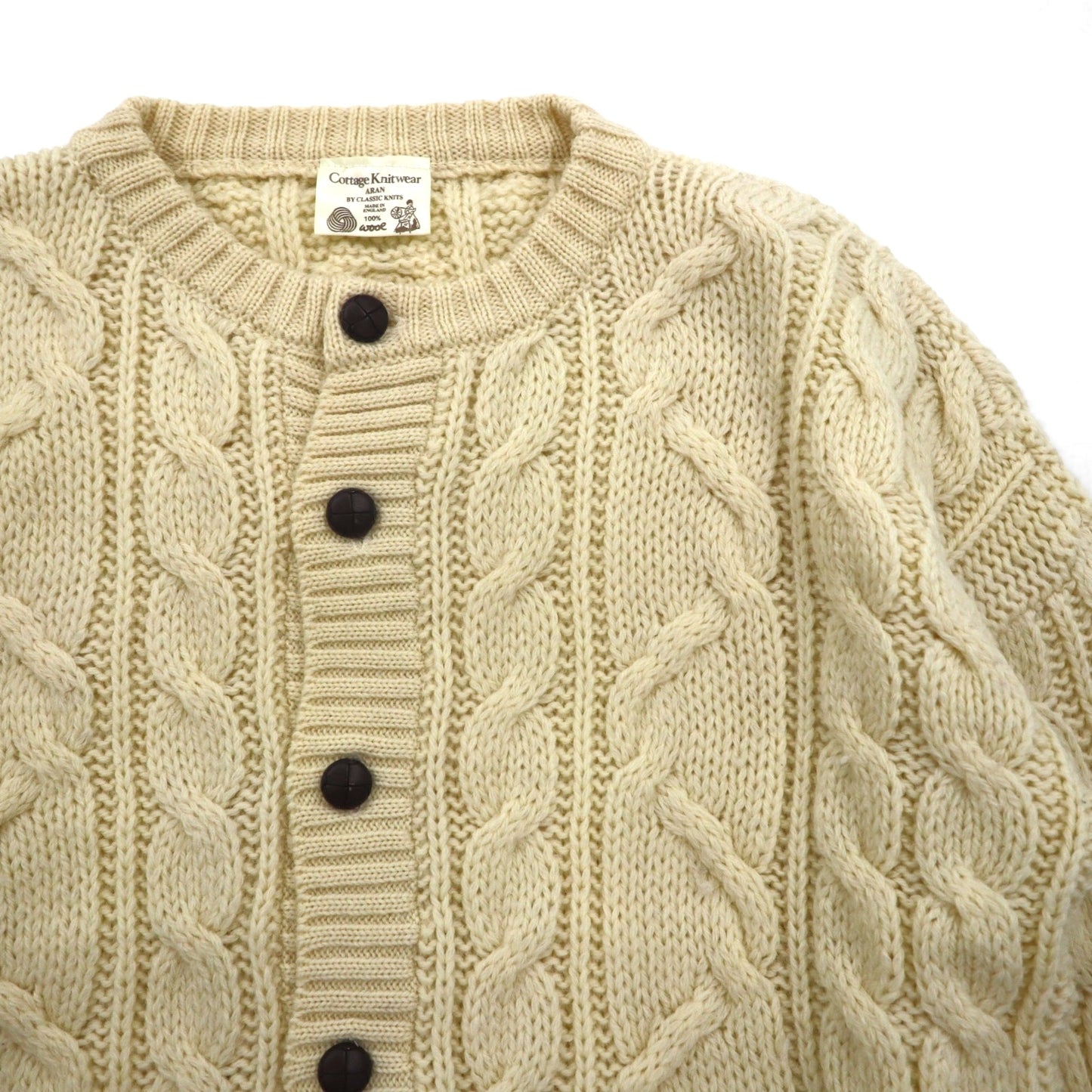 80s England Vintage Aran Cardigan, Made in England, XL, Off-White, Cable Knit, Cottage Knitwear