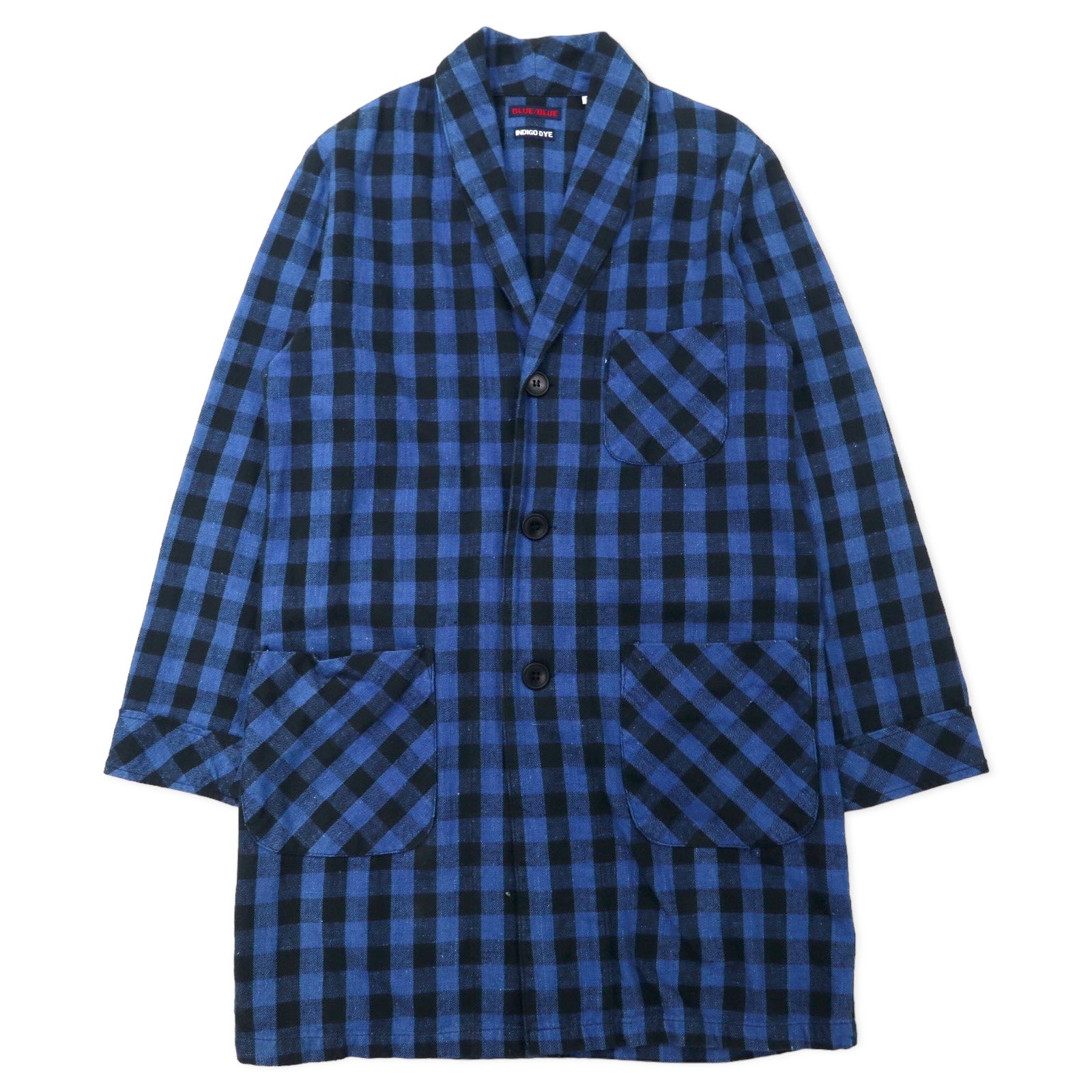 日本然リトテ-古着オンライン-BLUE BLUE ガウンコート チェスターコート 羽織 2 ブルー チェック コットン INDIGO DYE 日本製-Blue Blue Gaun COAT COAT Haori 2 Blue CHECKED Cotton Indigo Dye Japan Made