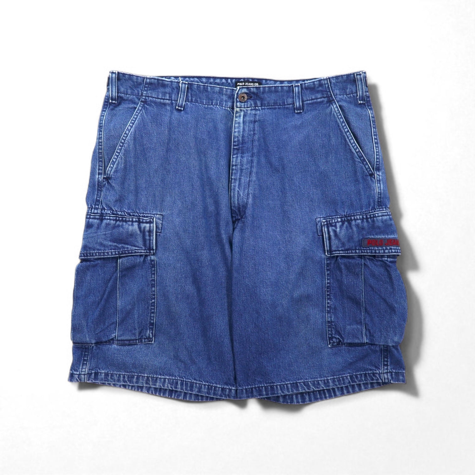 POLO JEANS CO. RALPH LAUREN 90s Baggy Short Denim Cargo Pants, XL, Indigo Blue, Knee-Length