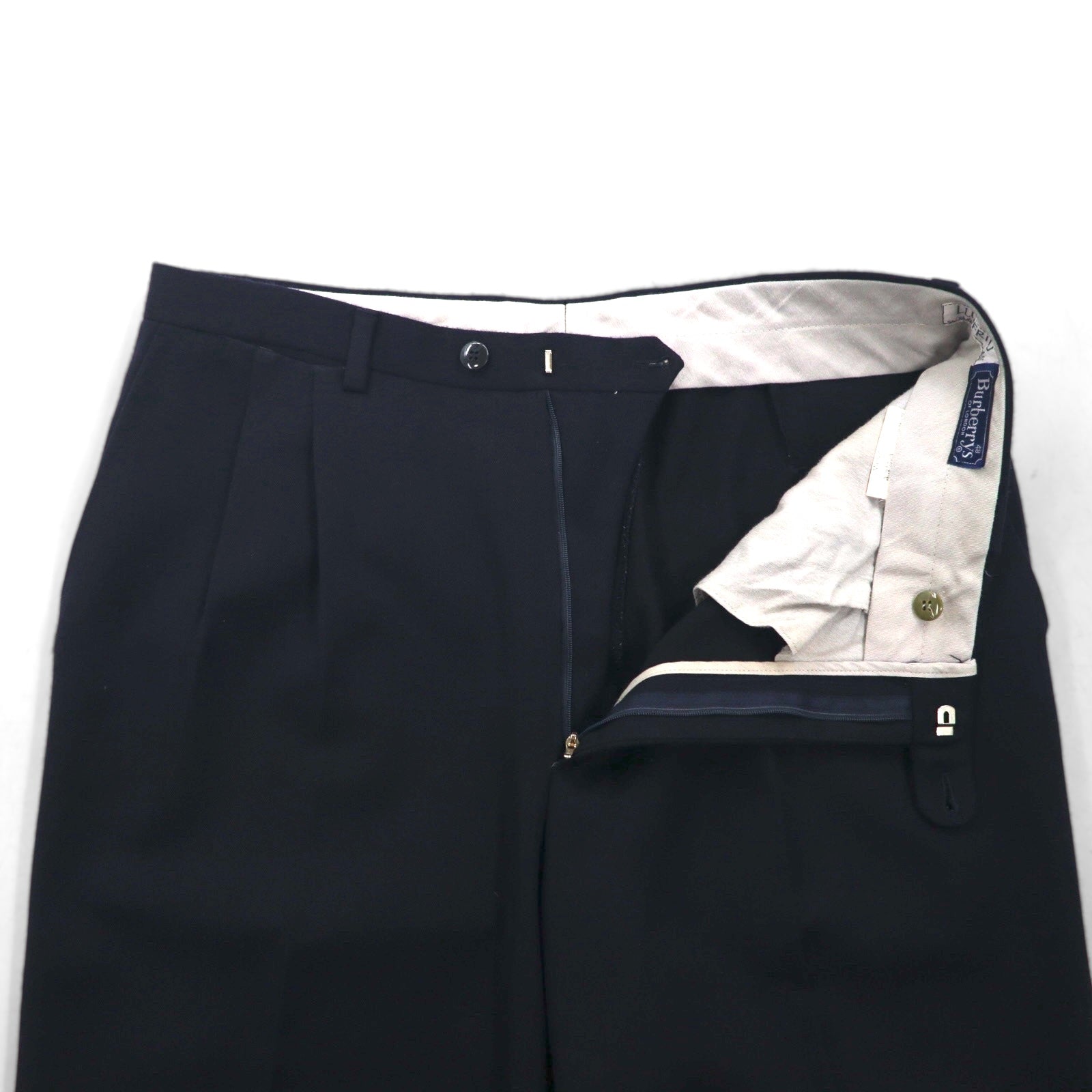 BURBERRY Made in Spain 2-pleat Wide Leg Slacks, Size L, Navy Wool and Old Gabardine