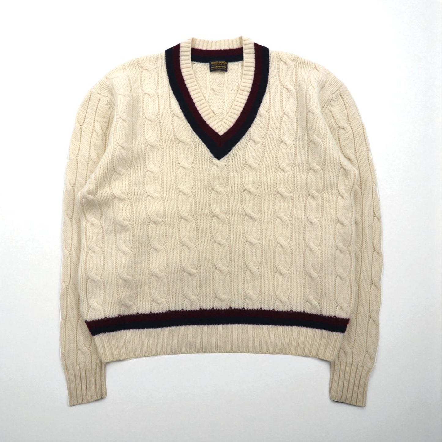 Brooks Brothers 90s Childen Knit V-Neck Sweater, Size XL, Off-White Merino Wool Cable Knit