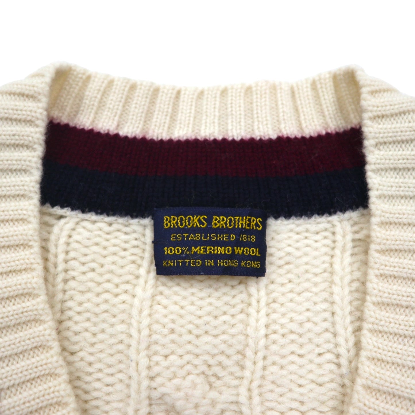 Brooks Brothers 90s Childen Knit V-Neck Sweater, Size XL, Off-White Merino Wool Cable Knit